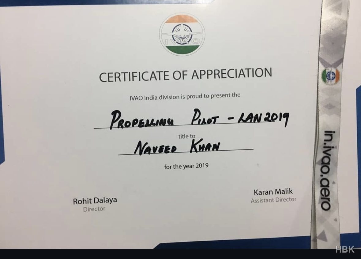 IVAO India flight-simulation appreciation certificate for Naveed Khan
